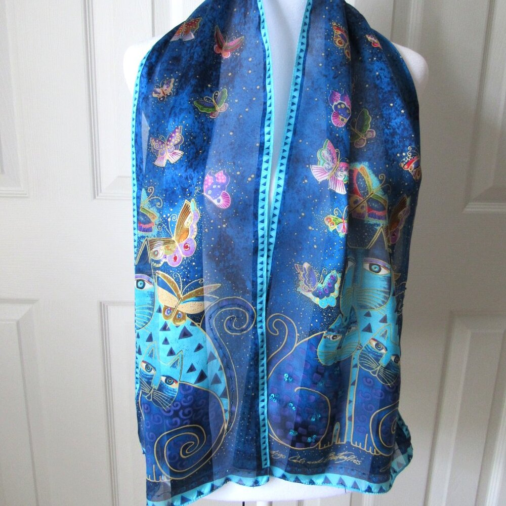 LAUREL BURCH Indigo Cats & Butterflies 100% SILK SCARF Blue Fantasy Sequins